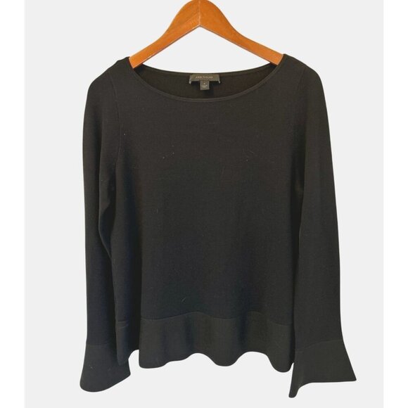 Ann Taylor 2-Tone Black Scoop Neck Long Sleeve Ruffle Hem Top Womens Size M - Picture 1 of 8